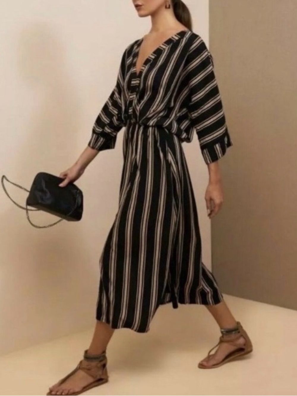 Aura Black Cream Striped Kaftan Dress Size Small
